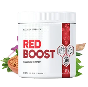 Red Boost dietary supplement tub with natural root and leaf ingredients displayed beside it